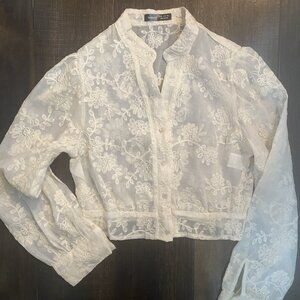 Aveloria Sheer Floral Embroidery Crop Button-Up Blouse Long Sleeve - Size M New